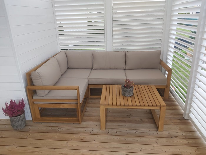 meble tarasowe drewniane, sofa narożna, stolik kawowy a drewna akacji, na wymiar